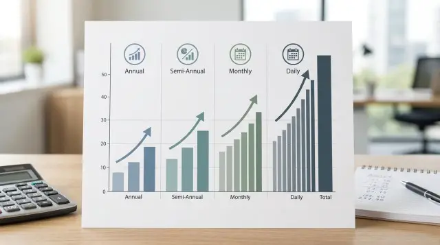 Comparative chart illustrating how total interest increases with higher compounding frequencies, comparing annual, semi-annual, monthly, and daily compounding. Alt: Comparison